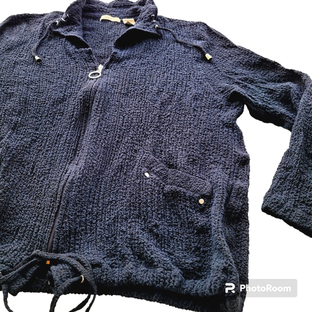 Joni B XL. Zip-up Jacket, Black Textured, Puckered Knit. Lightweight.